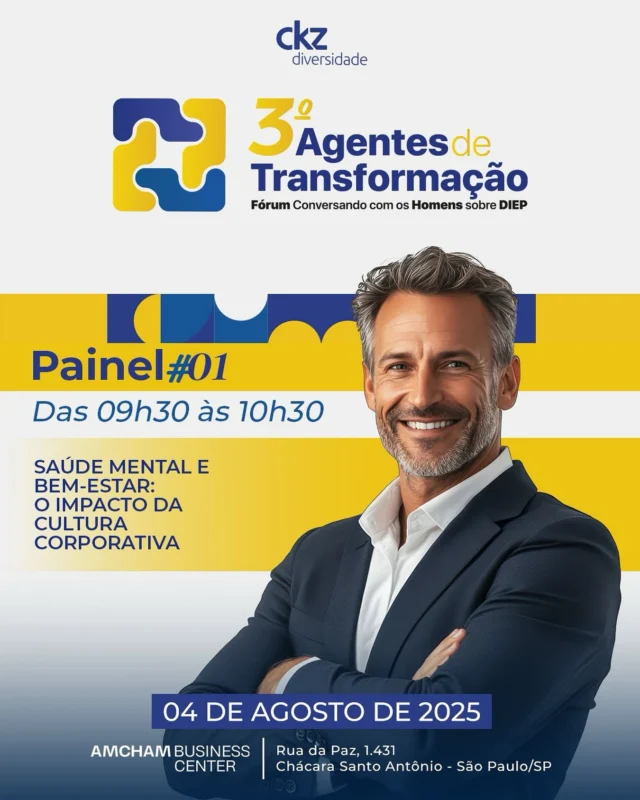 👥 Para abrir o 3º Fórum Agentes de Transformação - Conversando com os Homens sobre DIEP, falaremos sobre um tema essencial: Saúde Mental e Bem-estar: O impacto da cultura corporativa.

A nova legislação brasileira exige que as empresas cuidem da saúde mental das pessoas colaboradoras, mas como fazer isso de forma genuína e eficiente?

Neste painel, vamos conversar sobre o papel da liderança na felicidade do time, a importância da segurança psicológica, a atuação dos homens no combate ao assédio e sobre como intervir diante de comportamentos inadequados

Ao final, ainda teremos uma dinâmica prática com simulação de casos reais!

💡 É hora de agir com empatia e responsabilidade. Você vem com a gente? Convide os homens da sua empresa e venha participar conosco.

#ParaTodasAsPessoasVerem A imagem divulga o 3º Fórum Agentes de Transformação – Conversando com os Homens sobre DIEP, Ela anuncia o painel ”Saúde Mental e Bem-Estar: O Impacto da Cultura Corporativa”, que acontecerá no dia 04 de agosto de 2025, na Amcham Business Center. O design combina elementos gráficos em azul e amarelo, e destaca a imagem de um homem branco, grisalho e sorridente em traje social.

#ckzdiversidade #3forumagentesdetransformacao #masculinidades #saúdemental