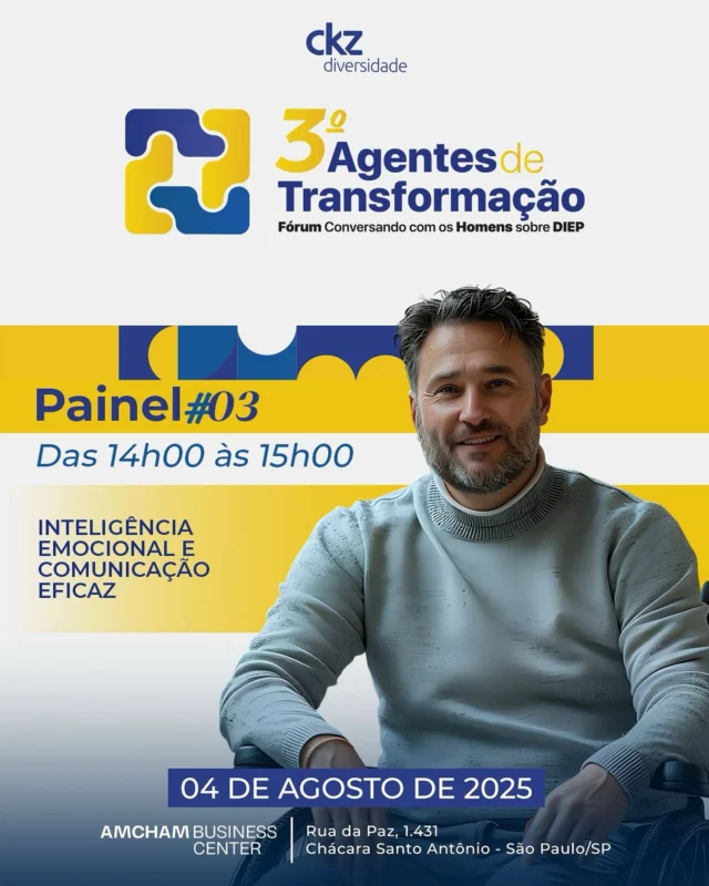💡 A inteligência emocional e a comunicação eficaz são pilares importantes para relações saudáveis no ambiente de trabalho. E é sobre isso que falaremos no terceiro painel do 3º Fórum Agentes de Transformação - Conversando com os Homens sobre DIEP.

Você sabia que a inteligência emocional é uma das habilidades mais valorizadas no mercado atual? Estudos do Fórum Econômico Mundial mostram que ela melhora a comunicação e reduz conflitos.

Neste painel, vamos explorar o impacto da inteligência emocional na liderança e no trabalho em equipe, como a repressão emocional impacta os homens no ambiente corporativo, técnicas para desenvolver autoconsciência, lidar com o estresse e se comunicar com mais empatia. Também teremos exercícios práticos e simulações de conflito para colocar em ação uma comunicação mais respeitosa

💭 Pessoas que sentem, escutam e se comunicam com empatia constroem ambientes mais inclusivos. Vamos participar dessa transformação? Garanta já a sua inscrição!

#ParaTodasAsPessoasVerem A imagem divulga o terceiro painel do 3º Fórum Agentes de Transformação – Conversando com os Homens sobre DIEP, promovido pela CKZ Diversidade, que será realizado no dia 04 de agosto, na Amcham Business Center. O design combina elementos gráficos modernos em azul e amarelo, e destaca a imagem de um homem sentado em uma cadeira de rodas vestindo camisa social roxa.

#ckzdiversidade #3forumagentesdetransformacao #masculinidades #inteligenciaemocional #comunicaçãoeficaz