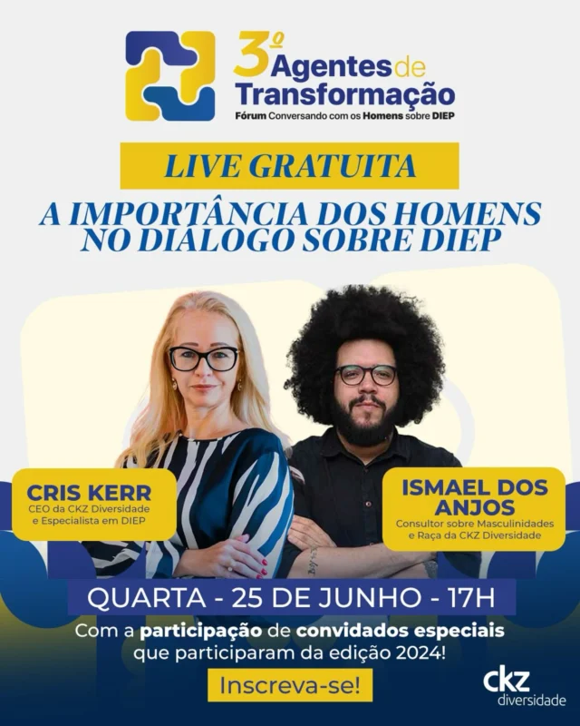 🗣️ Os homens também precisam participar do diálogo sobre Diversidade, Equidade, Inclusão e Pertencimento! DIEP não é uma pauta exclusiva de grupos minorizados, é uma responsabilidade coletiva, e é sobre isso que vamos falar na nossa live gratuita. 

No dia 25 de junho, às 17 horas, você e os homens da sua empresa tem um encontro marcado com Ismael dos Anjos e Cris Kerr. 

🔗 Para participar, basta se inscrever no link da nossa bio. 

Vamos juntos construir ambientes mais inclusivos e respeitosos?