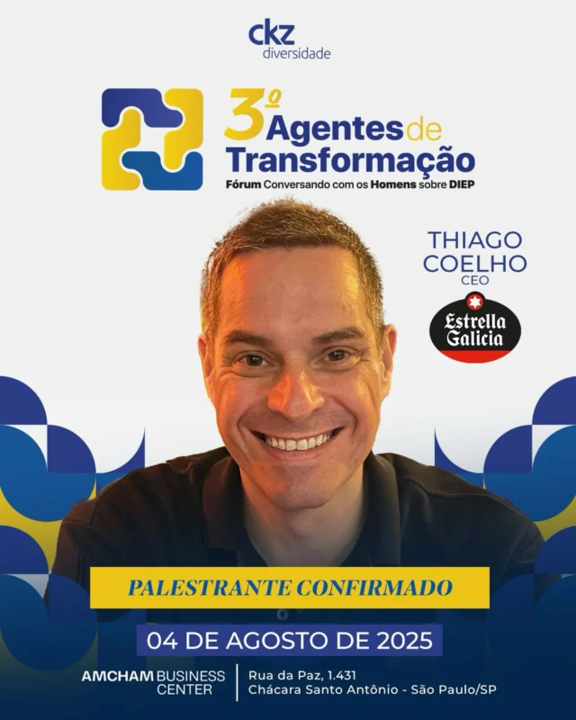 ✨ Primeiro nome confirmado no 3º Fórum Agentes de Transformação! ✨

Thiago Coelho, CEO da Estrella Galicia, estará conosco no painel “Paternidade ativa e equilíbrio entre trabalho e vida pessoal” para compartilhar suas experiências e refletir sobre a participação dos homens na criação dos filhos e como as empresas podem contribuir com isso.

O evento acontece no dia 04 de agosto, na AMCHAM Business Center (SP). Fale conosco e faça a sua inscrição! 

Venha participar dessa conversa transformadora sobre diversidade, equidade, inclusão e pertencimento! 💬👨‍👧‍👦